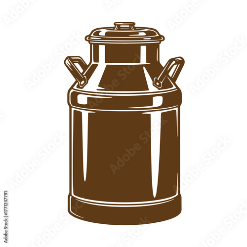 Vintage art illustration of a classic milk can with a shiny brown retro design.