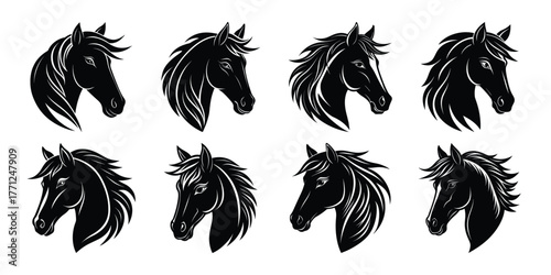 Collection of eight stylized black horse heads with textured manes and brushes strokes on white background