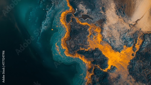 Stunning abstract landscape featuring vibrant orange hues contrasting with deep blues. Aerial view creates a mesmerizing composition. Explore the beauty. Generative AI