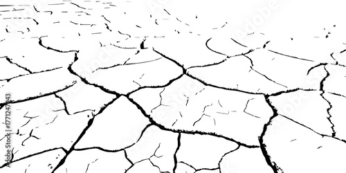 Cracked dry earth texture background. Vector illustration of drought and climate change concept. Black and white cracked soil surface for environment, nature, and global warming design themes.