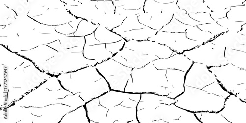 Cracked dry earth texture background. Vector illustration of drought and climate change concept. Black and white cracked soil surface for environment, nature, and global warming design themes.