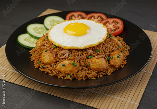 A plate of flavorful fried rice topped with a fried egg and fresh vegetable garnishes.