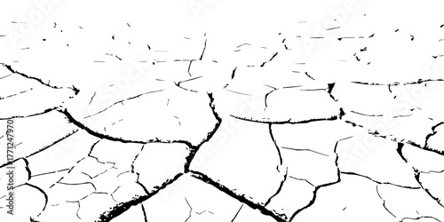 Cracked dry earth texture background. Vector illustration of drought and climate change concept. Black and white cracked soil surface for environment, nature, and global warming design themes.
