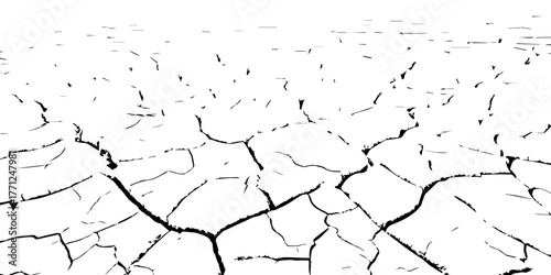 Cracked dry earth texture background. Vector illustration of drought and climate change concept. Black and white cracked soil surface for environment, nature, and global warming design themes.