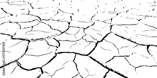 Cracked dry earth texture background. Vector illustration of drought and climate change concept. Black and white cracked soil surface for environment, nature, and global warming design themes.