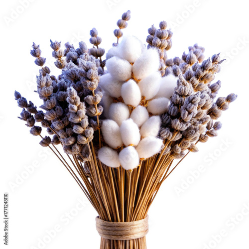 A beautiful spring bouquet of dried lavender and wheat in a clear glass vase, isolated on a white background. The arrangement is decorative and natural, with soft floral colors and a rustic aesthetic	