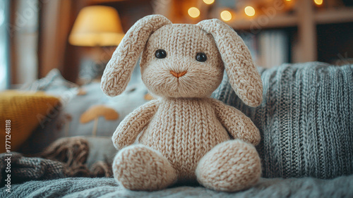 Adorable knitted Easter bunny toy surrounded by decorated eggs and spring flowers, soft and fluffy texture, pastel colors, cute handmade stuffed animal with fur details, festive holiday decoration