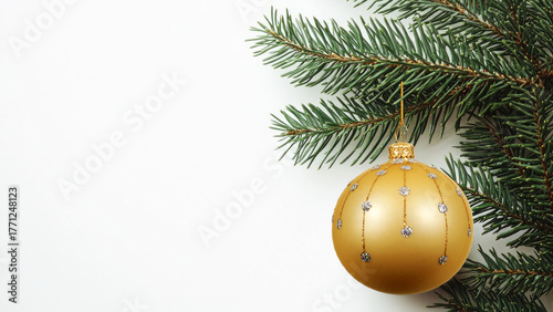 Minimalist Christmas Decoration — an elegant green branch with a gold ball on a pure white background