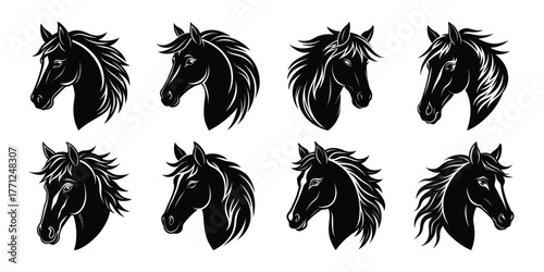 Collection of eight black and white stylized horse head illustrations with dynamic brushstroke texture