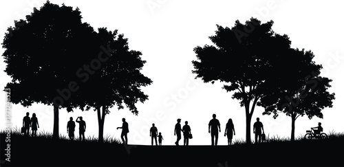 Black silhouette illustration of park scene—trees, families, children, cyclist, grassy ground—outdoor lifestyle, nature interaction, community sketch concept