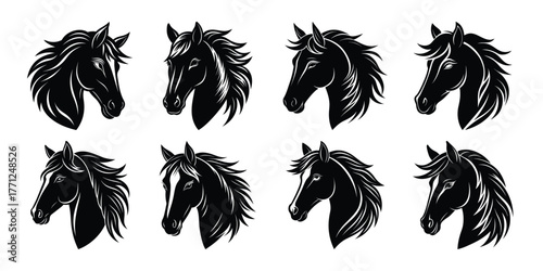 Collection of eight black ink horse head sketches in profile and three quarter view
