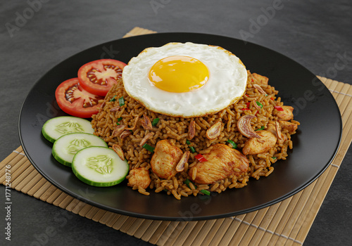 A plate of Nasi Goreng, Indonesian fried rice, topped with a fried egg and garnished with cucumber and tomato slices.