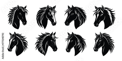 Collection of stylized black horse heads with flowing manes in a textured grunge art style