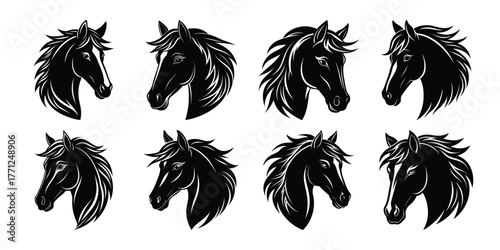 Collection of eight striking black and white horse head illustrations with expressive manes and detailed features