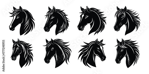 Collection of eight striking black and white horse head illustrations with textured brush strokes