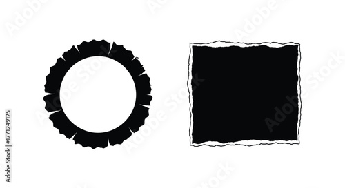 Black and white torn paper frames circle and square shapes displayed