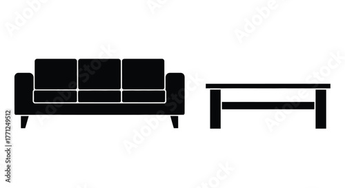 Minimalist black silhouette of a sofa and a small coffee table