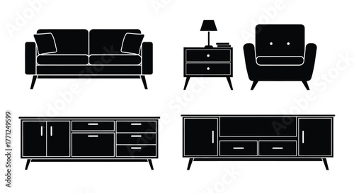 Black silhouette furniture set including sofa chairs and cabinets