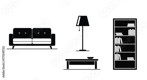 Minimalist living room furniture set with sofa lamp and bookshelf