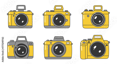 Collection of vintage style cameras in yellow and gray tones