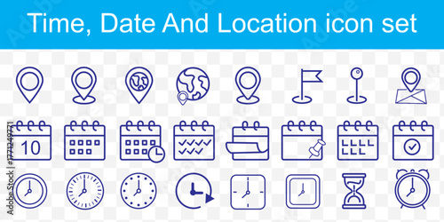 Time, date and location editable stroke outline icons set isolated on white background flat vector illustration.
