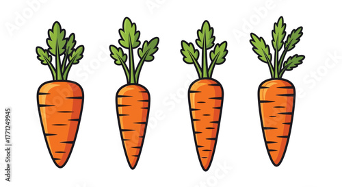 Four vibrant orange carrots with green leafy tops a simple illustration