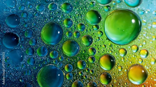 Macro photograph of colorful water droplets on a vibrant gradient background
