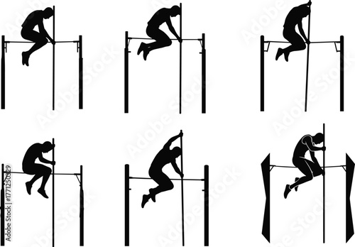 Athlete struggling to clear a high bar, six silhouettes showing failed jump attempt, extreme effort, sports challenge vector.