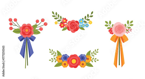 Collection of colorful floral bouquets with ribbons and leafy decorations