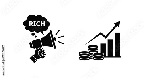 Announcing financial growth megaphone coins and upward trending graph illustration
