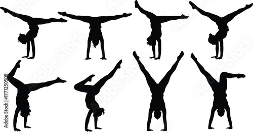 Set of female gymnast silhouettes, performing various handstand and yoga poses, acrobatics, fitness, vector.