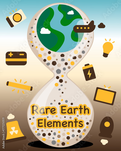 Rare earth elements (REEs) concept in Hourglass design poster. Rare earth products vector illustration.