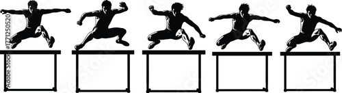 Athlete jumping over hurdles, set of five dynamic silhouettes, overcoming obstacles, challenge, track and field sport vector.