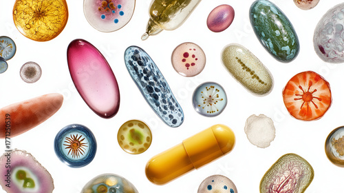 A collection of various colorful capsules and pills scattered on a white background surface top view