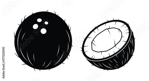 A whole and halved coconut illustration in simple black and white style
