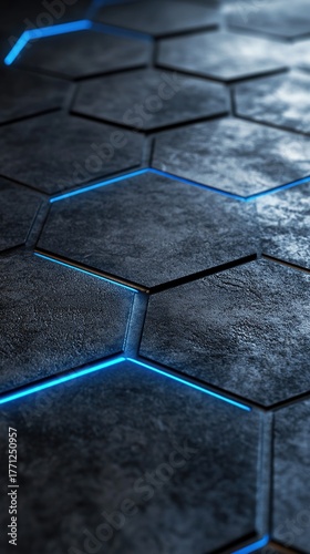 Blue Hexagon Pattern Glowing Edge Abstract Background Digital Tech Grid Copy Space