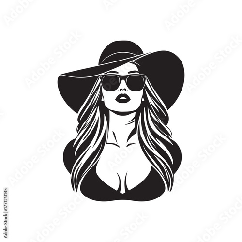 glamorous summer fashion vector illustration of a beautiful woman in a wide-brimmed hat and sunglasses.