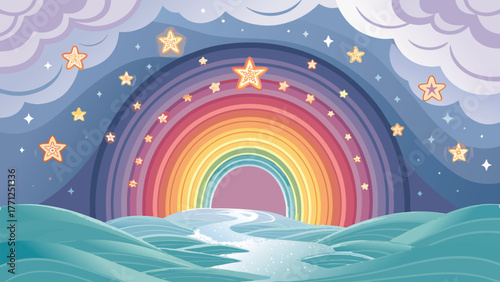 Whimsical dreamscape unfolds with a radiant rainbow arching over rolling turquoise hills and a starlit sky filled with playful stars.