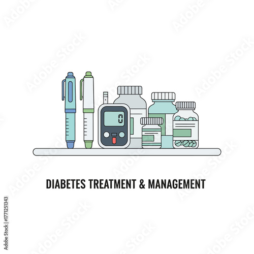 Flat vector illustration of insulin pens, glucose monitor, and medication bottles for diabetes treatment and management