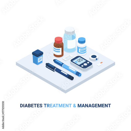 Flat vector illustration of insulin pens, glucose monitor, and medication bottles for diabetes treatment and management