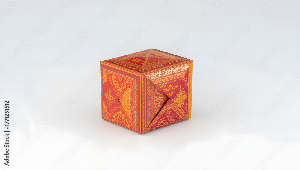 Obraz premium Decorative Diwali cracker-style gift box with red and gold design, representing Indian festive packaging, celebration, and traditional holiday decoration concept