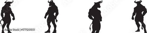Silhouette of strong Minotaur warriors standing in different poses, mythical half man half bull creature illustration symbolizing power, strength, and ancient Greek fantasy legend on white background