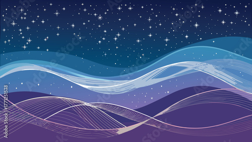 Dreamy cosmic landscape with flowing waves and shimmering stars evokes wonder and serenity for a magical night.