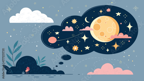 Whimsical night sky scene with a dreaming figure gazing at a luminous full moon surrounded by twinkling stars and soft clouds.