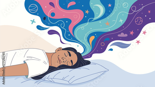 Peaceful dreamer experiencing vibrant, imaginative thoughts and colorful dreams while sleeping soundly on a comfortable pillow.