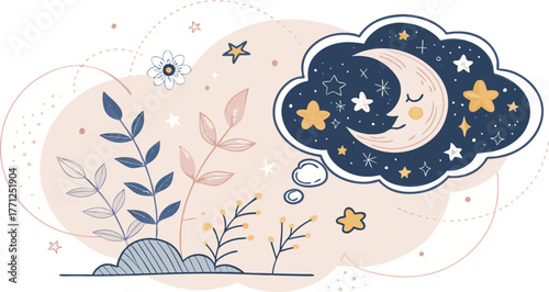 Whimsical moon dreaming of stars amidst gentle foliage, perfect for serene children's themes and peaceful night concepts.