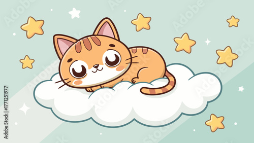 Adorable orange kitten naps peacefully on a fluffy cloud surrounded by twinkling stars, perfect for children's themes and sweet dreams.