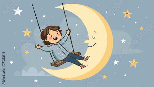 Joyful child swings on a crescent moon under a starry night sky, embodying childhood dreams and imagination.