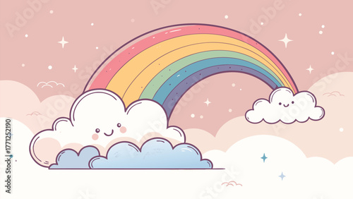 Joyful cartoon rainbow and smiling clouds bring magical dreams to life in a pastel sky, perfect for children's stories and whimsical designs.