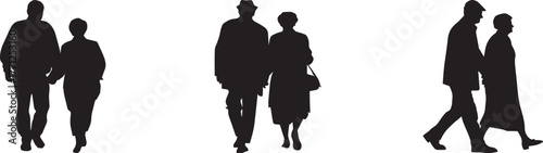 Silhouette of elderly couples walking together in different poses, symbolizing love, companionship, aging, and family connection, vector illustration of senior people lifestyle on white background